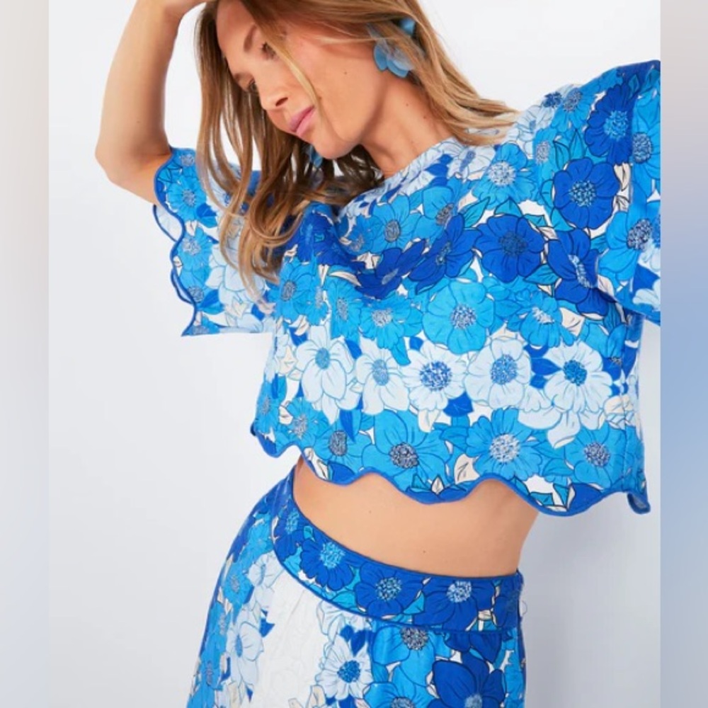 Farm Rio Floral Flower Stripes Blue midi skirt and top set Large